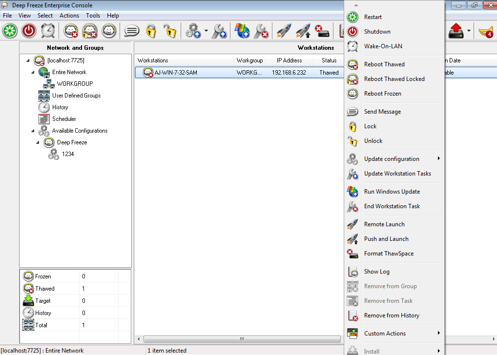 Uninstalling Deep Freeze on the Workstation via the Console